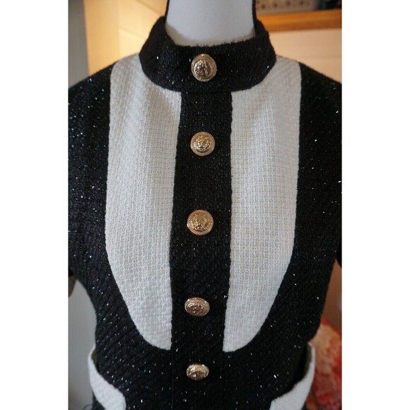 Tuxedo Style Sparkle Tweed Mini Dress with Fringe Feather Hem Sz M (6/8) - Picture 4 of 16